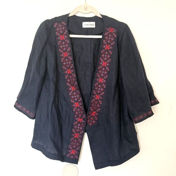 Etno Soul Blue Linen Embroidered Vyshyvanka Wrap Blouse Butterfly Sleeve No Belt - Picture 2 of 12